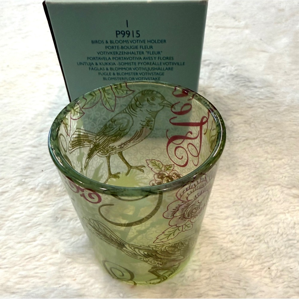 PartyLite Birds & Blooms Votive Holder Green Glass Floral Bird P9915 3.5 Inch